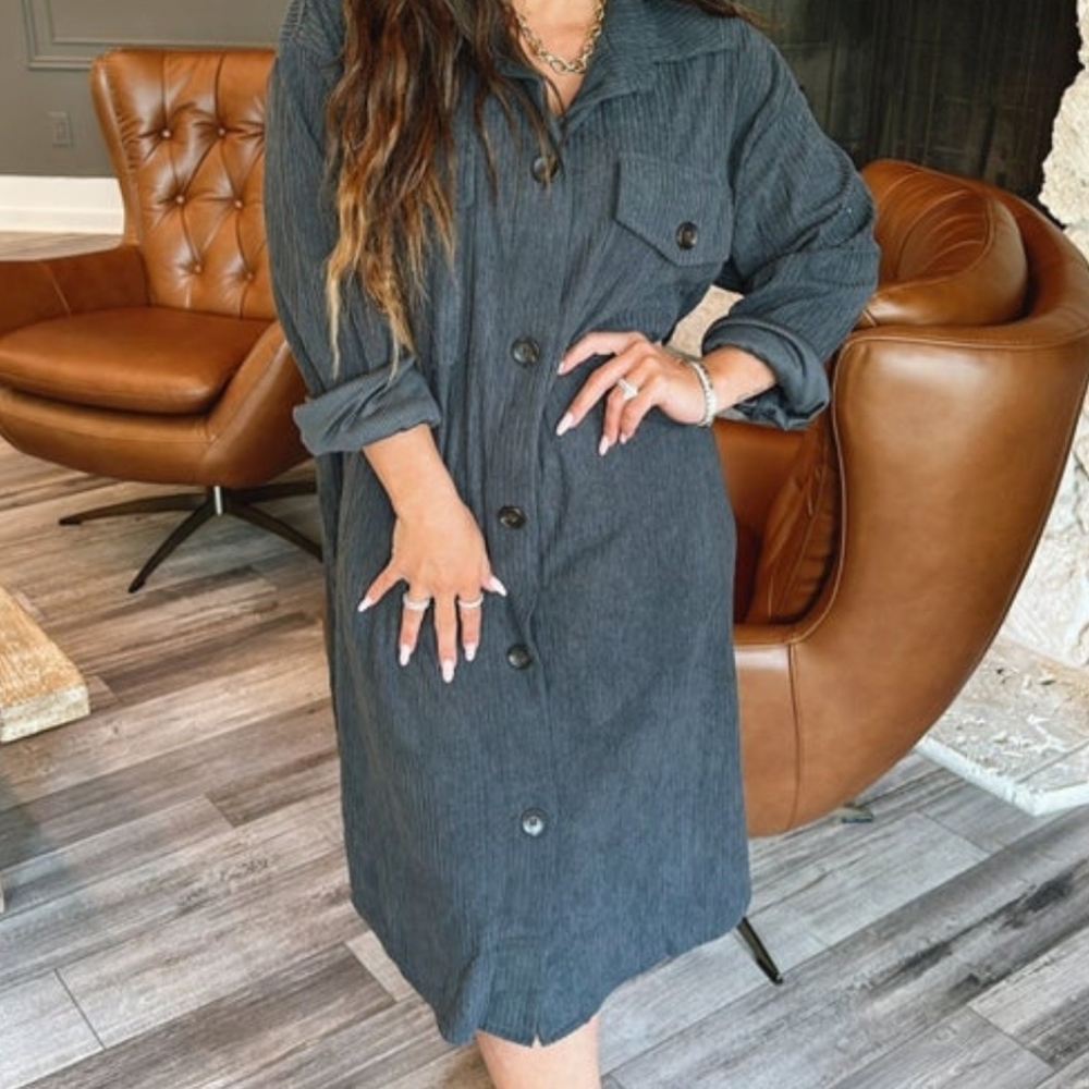 Stylish Corduroy Gray Button-Up Dress